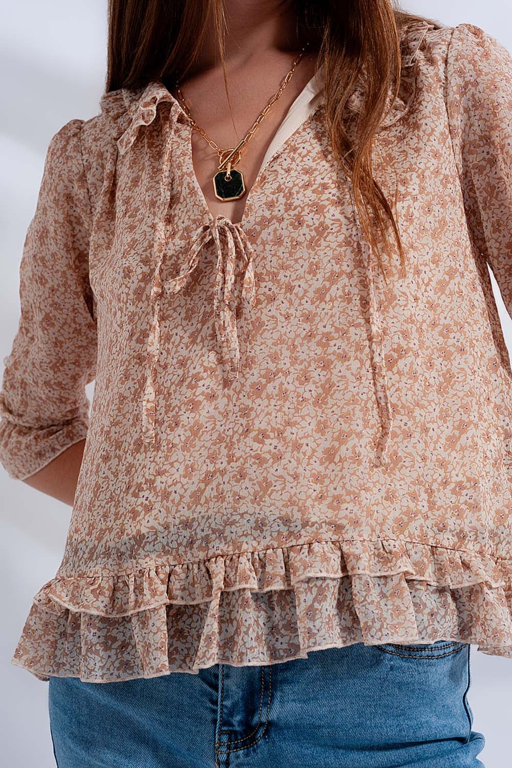 Tie front chiffon blouse in beige floral print - Blouses