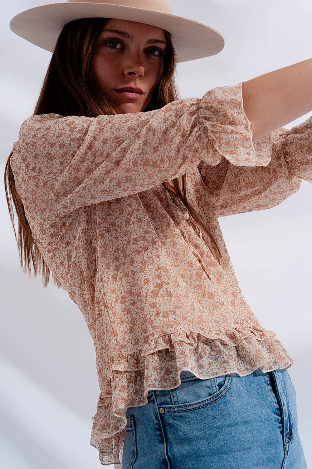 Tie front chiffon blouse in beige floral print - Blouses