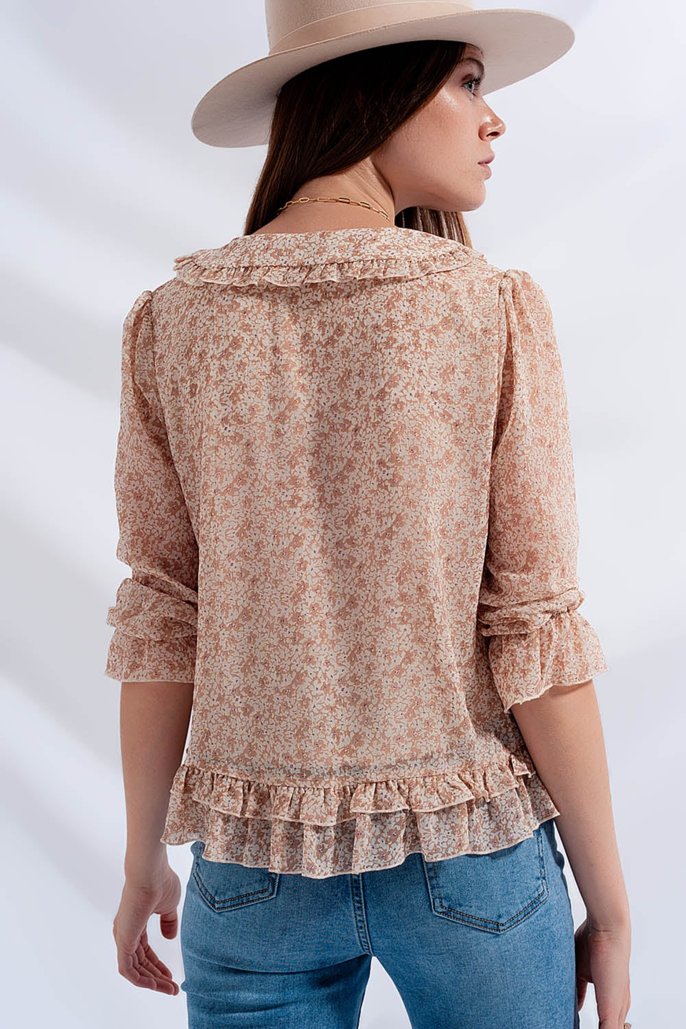 Tie front chiffon blouse in beige floral print - Blouses