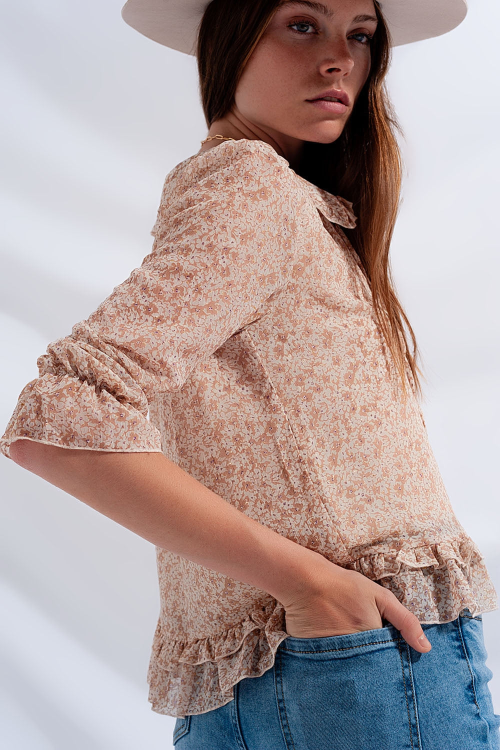 Tie front chiffon blouse in beige floral print - Blouses