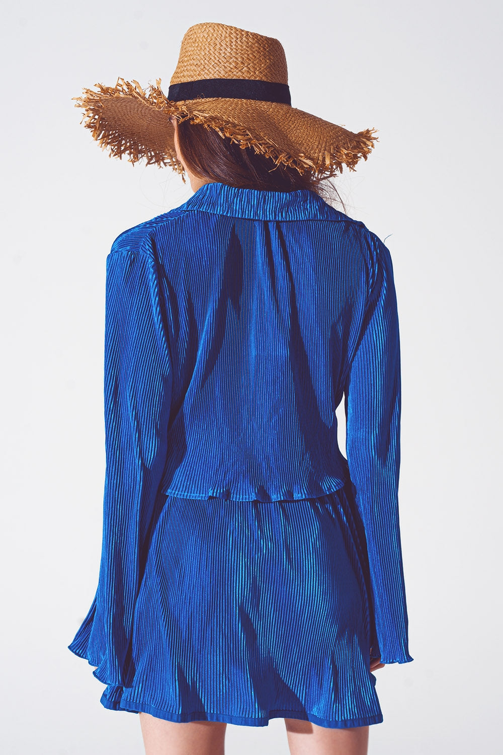 Tie Front Pleated Crop Top in Blue - Tops