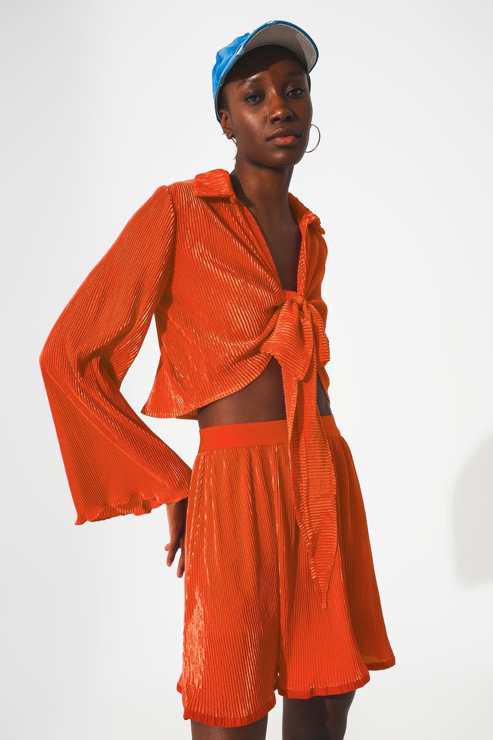 Tie front pleated crop top in orange - Tops