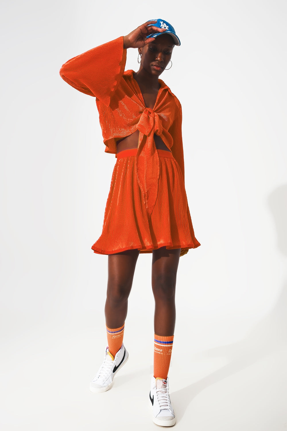 Tie front pleated crop top in orange - Tops