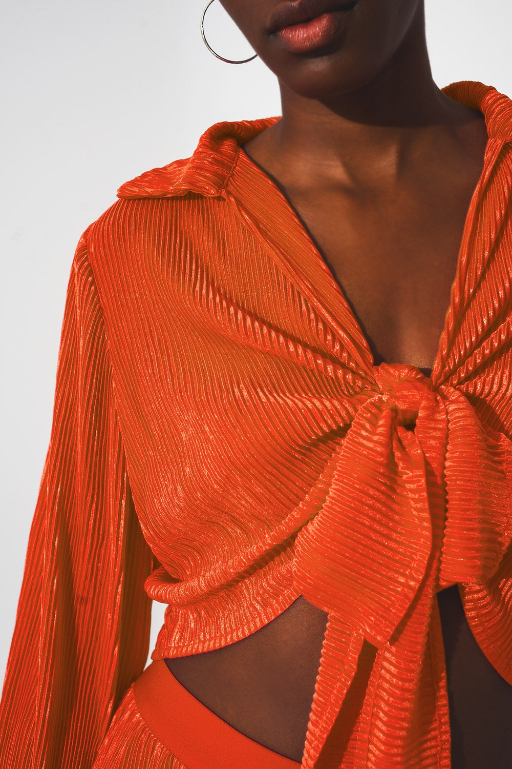 Tie front pleated crop top in orange - Tops