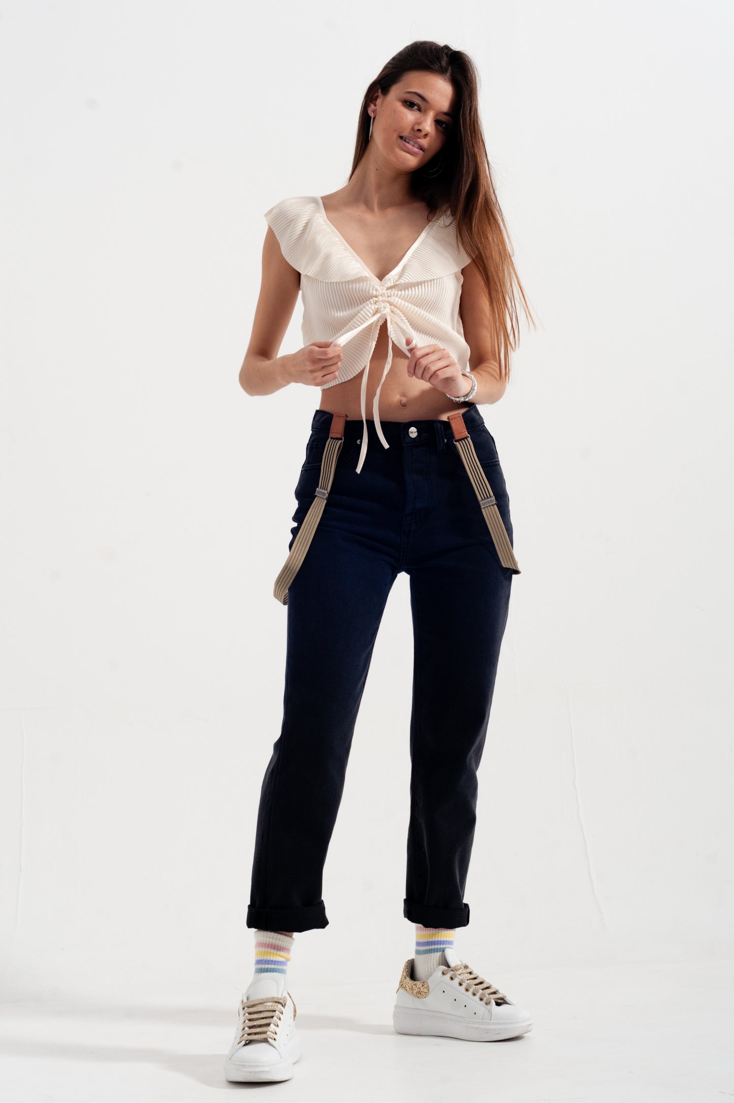 Tie front shirred detail volume sleeve crop top in cream Q2 Shirts BoutiqueLua