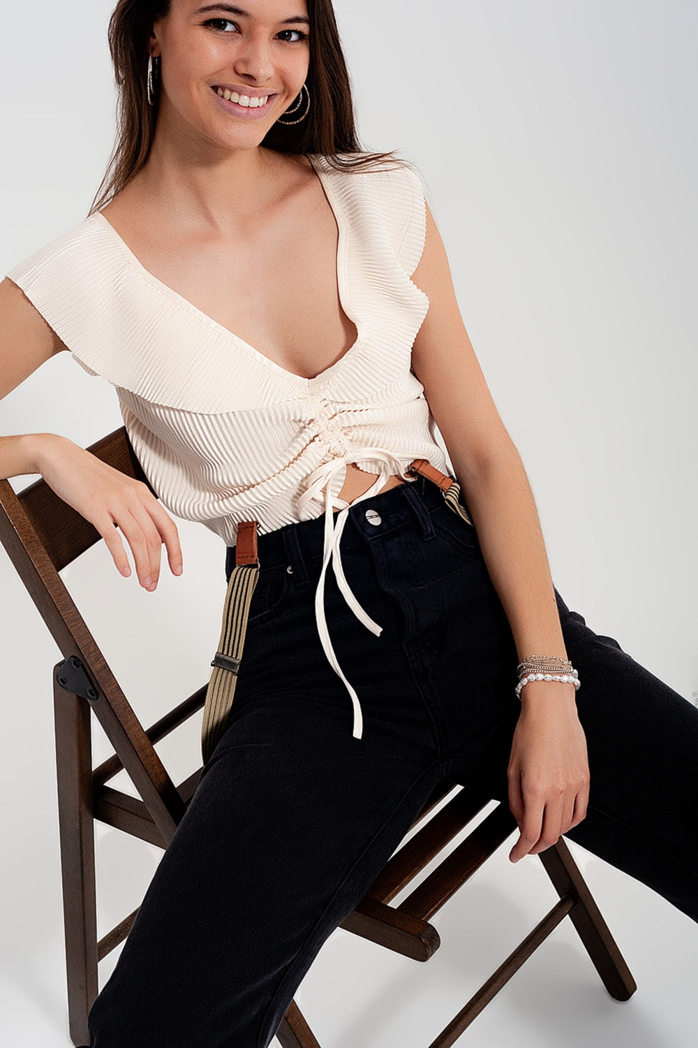 Tie front shirred detail volume sleeve crop top in cream Q2 Shirts BoutiqueLua
