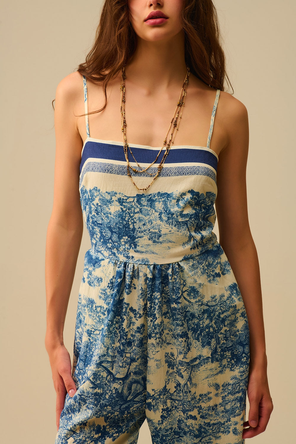 Toile de Jouy Print Jumpsuit with Thin Straps - Dresses