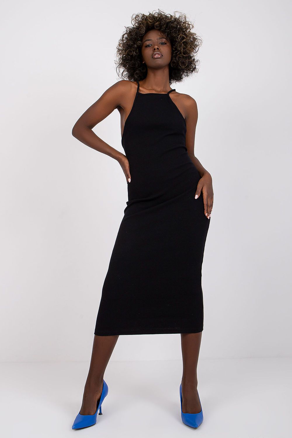 Boutique Lua Trendy Fitted Midi Dress in Blue black -