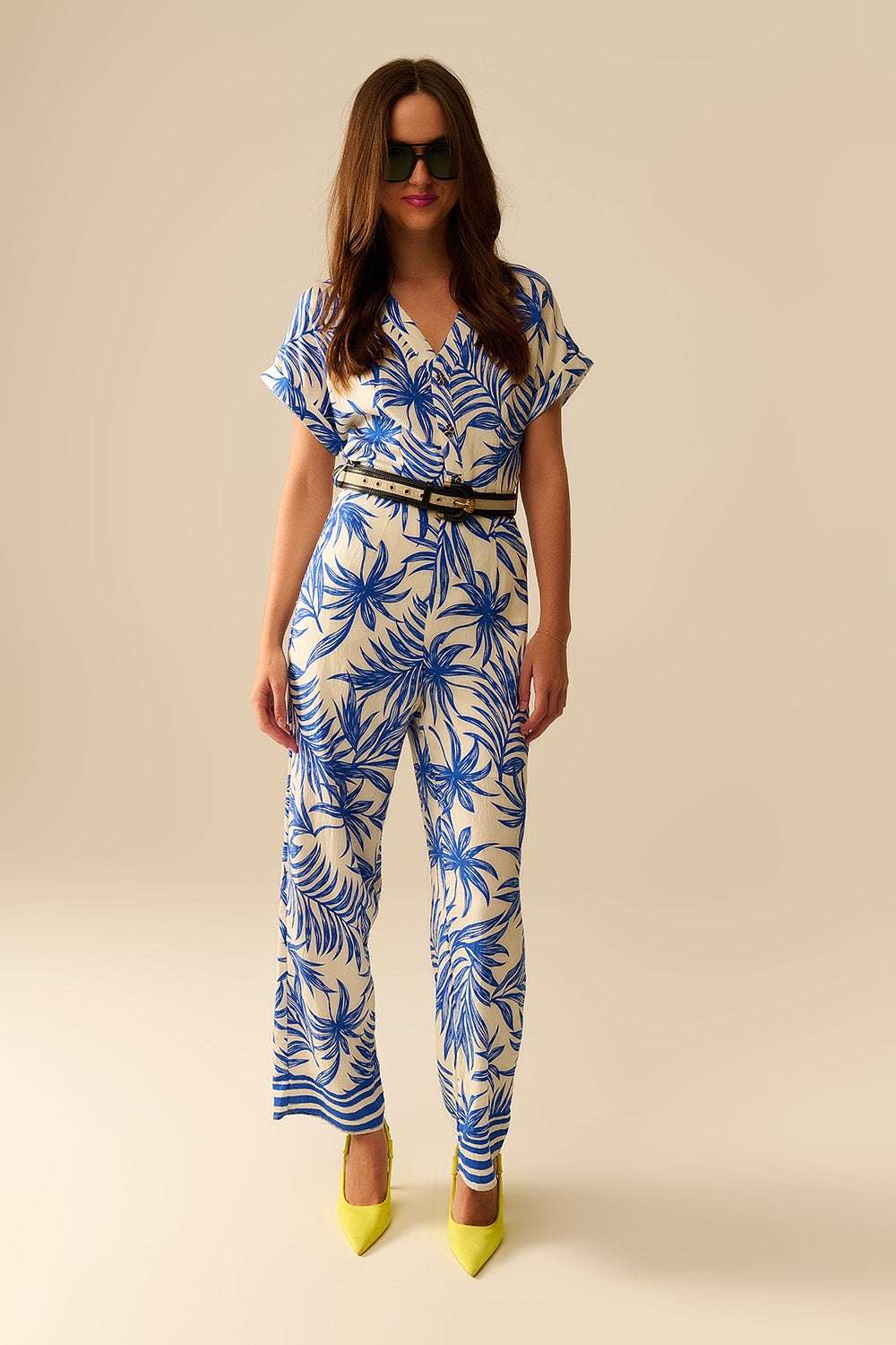 Tropical Motif Short Sleeve Jumpsuit in blue and white - Dresses