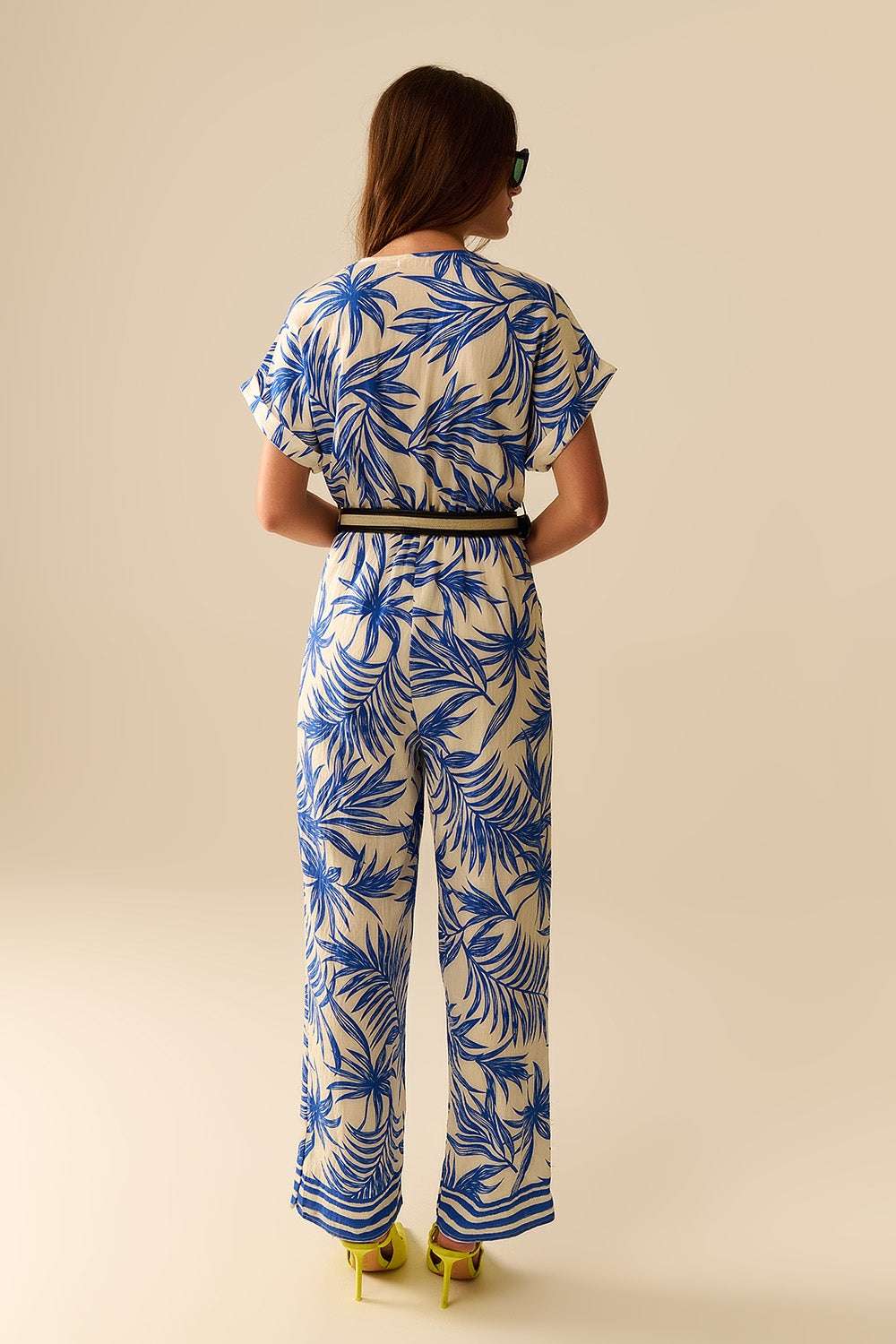 Tropical Motif Short Sleeve Jumpsuit in blue and white - Dresses