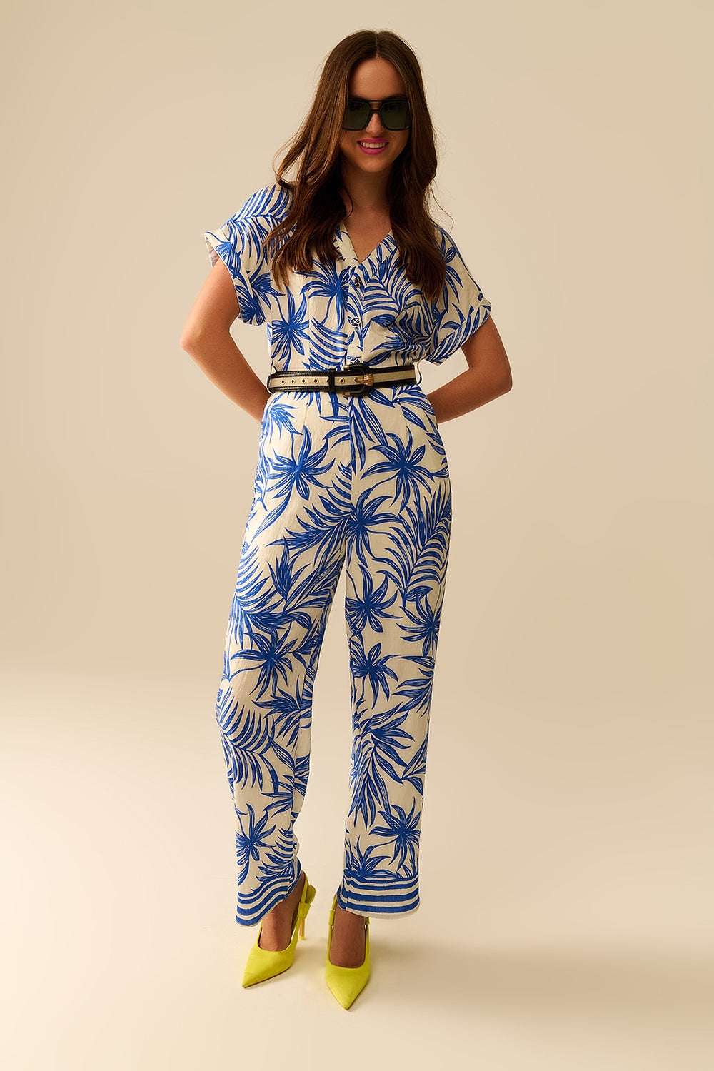 Tropical Motif Short Sleeve Jumpsuit in blue and white - Dresses