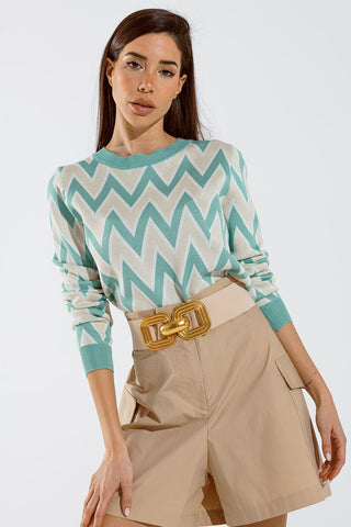 Pull turquoise à imprimé zigzag en beige avec détails blancs