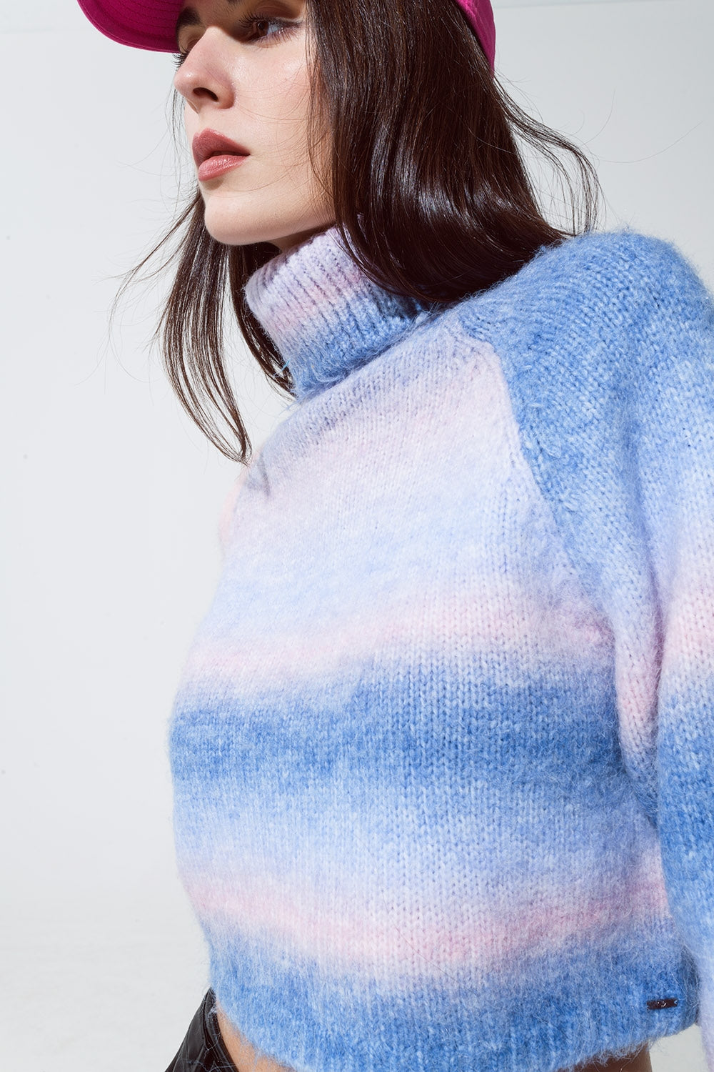Turtleneck Sweater in Fluffy Knit in Blue And Pink Degrade Q2 Sweaters BoutiqueLua
