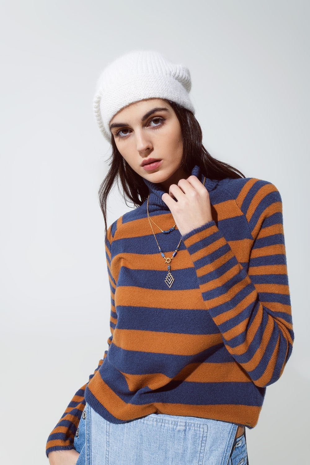 Turtleneck sweater with stripes in blue and brown Q2 Sweaters BoutiqueLua