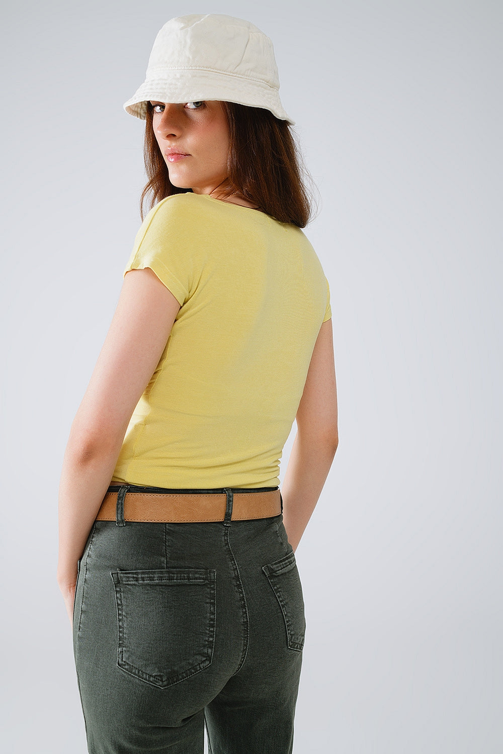 V-neck crossed drapped fitted top with cap sleeves in light lime - Tops