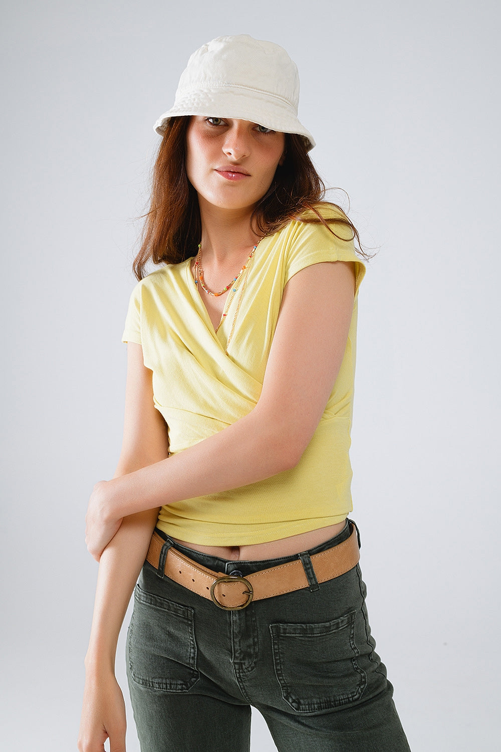 V-neck crossed drapped fitted top with cap sleeves in light lime - Tops