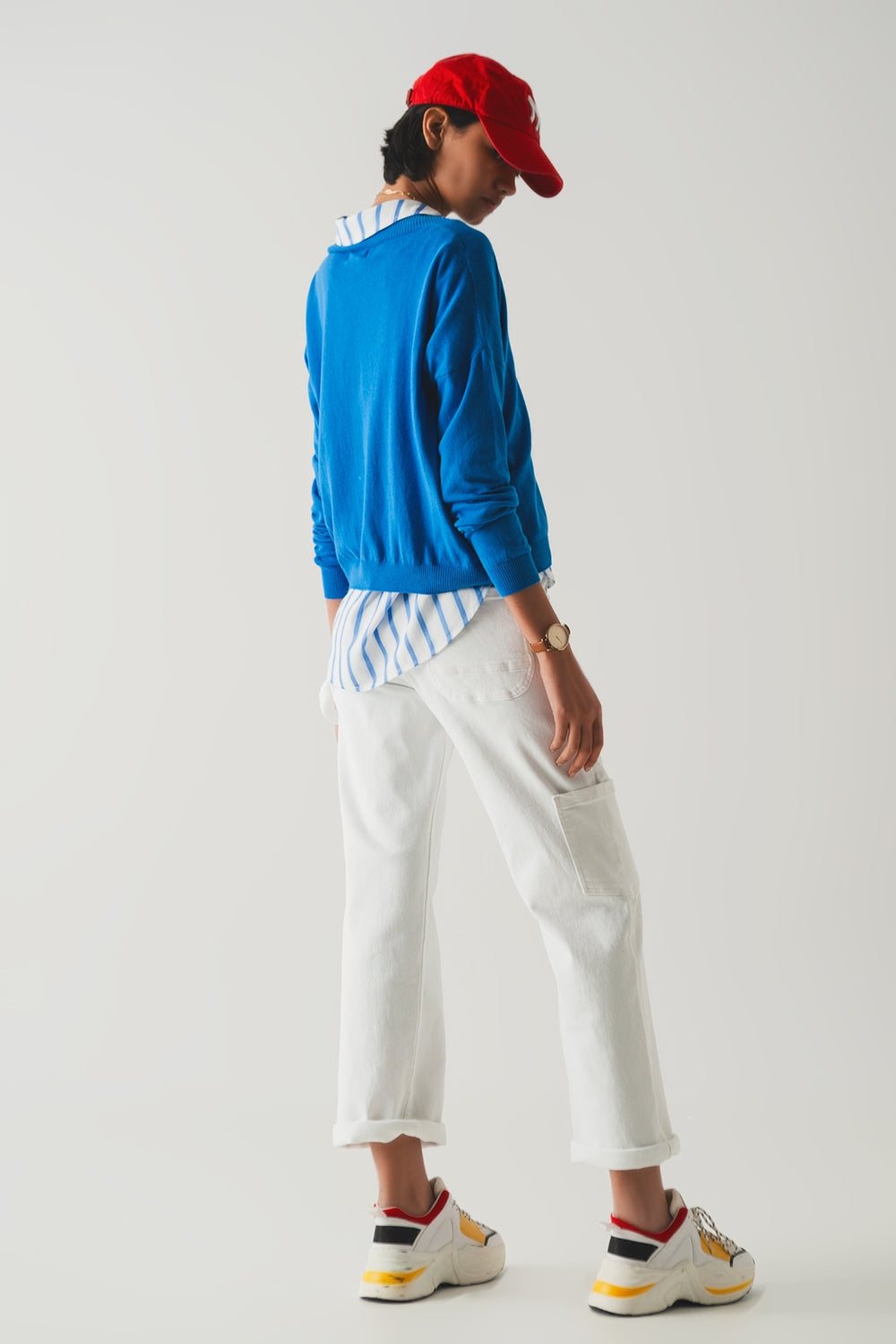 v neck fine knit sweater in blue Q2 Sweaters BoutiqueLua