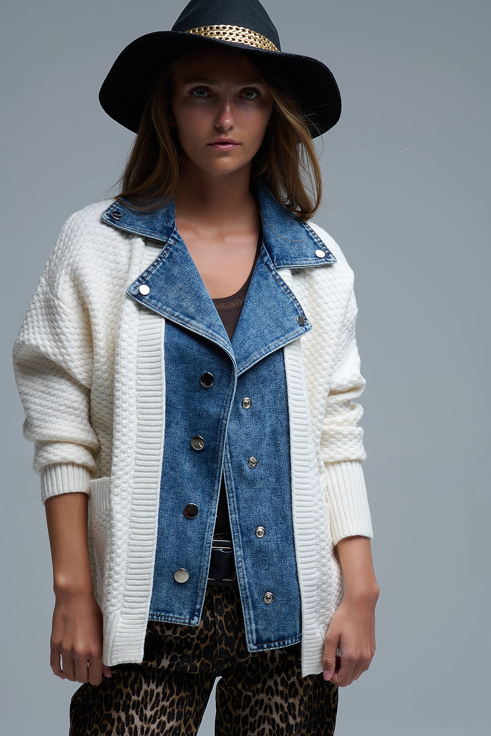 Waffle Knit Cardigan in White with Blue Chunky Denim inside - Coats and Jackets