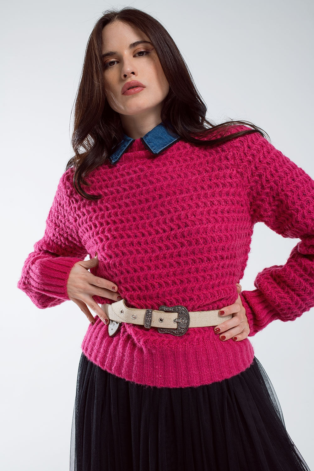Waffle Knit Relaxed jumper With High Neck in Red Q2 Sweaters BoutiqueLua
