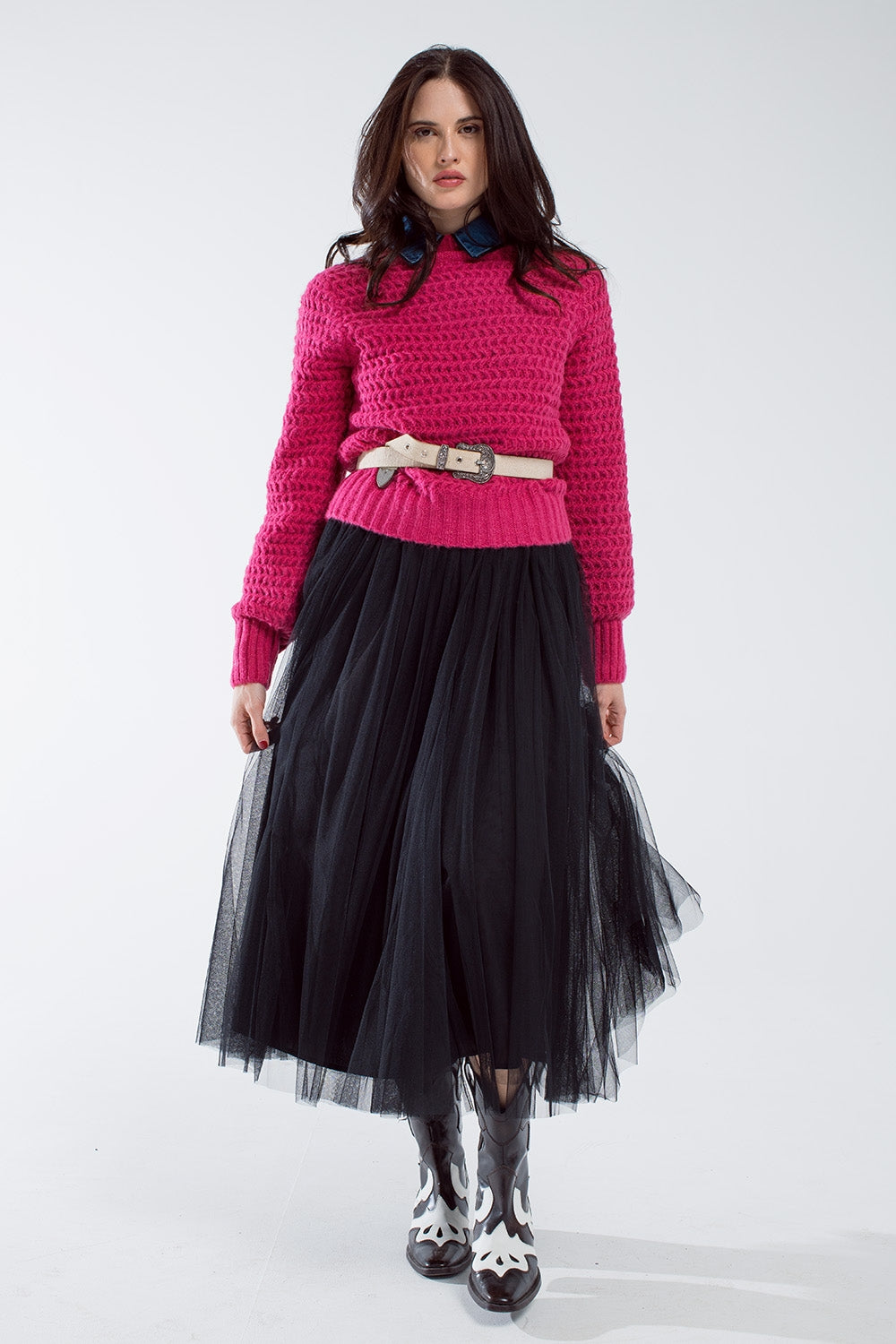 Waffle Knit Relaxed jumper With High Neck in Red Q2 Sweaters BoutiqueLua