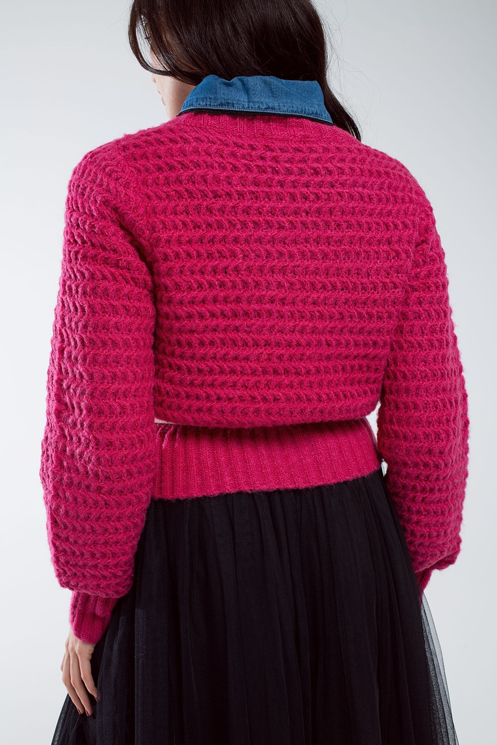 Waffle Knit Relaxed jumper With High Neck in Red Q2 Sweaters BoutiqueLua