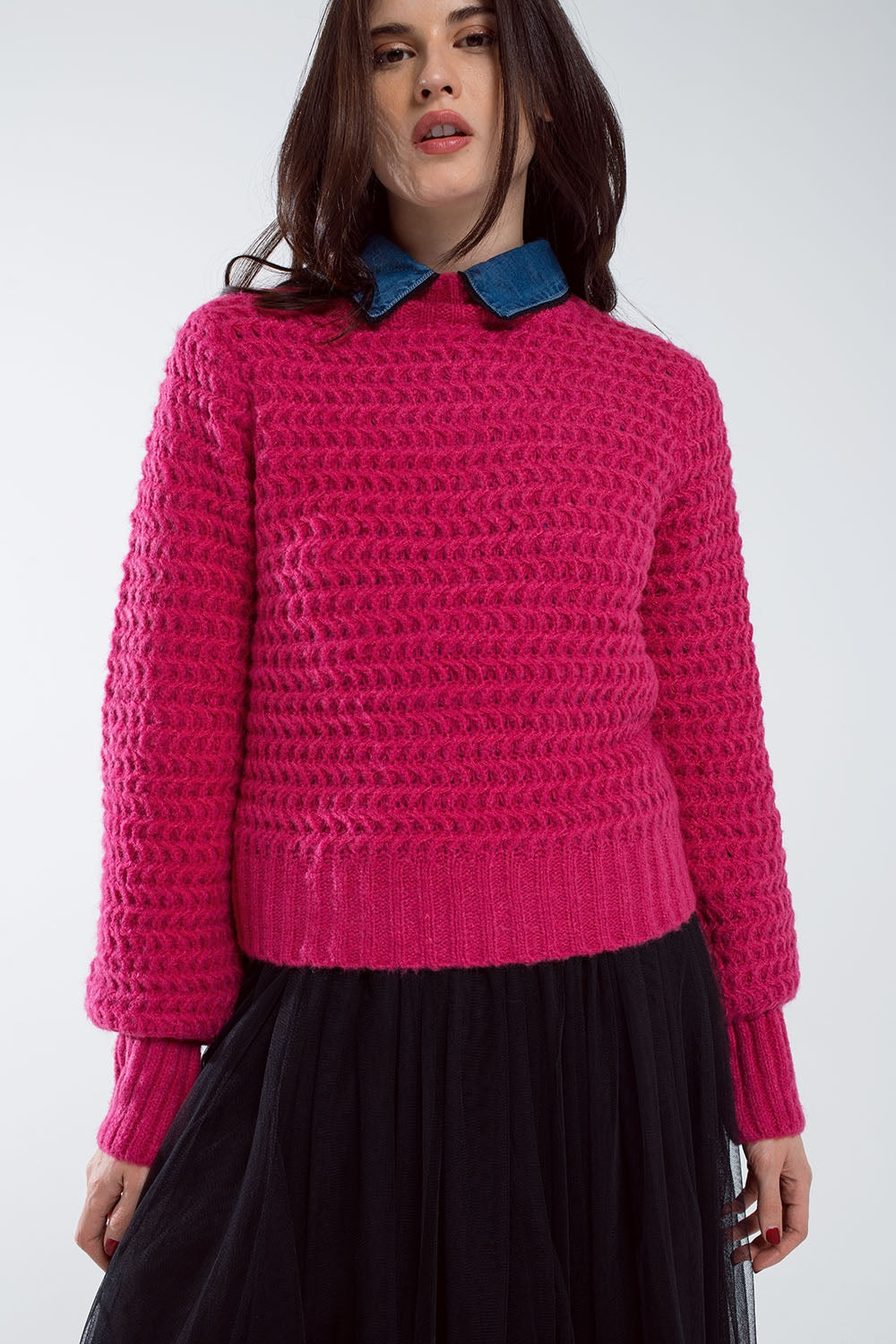 Waffle Knit Relaxed jumper With High Neck in Red Q2 Sweaters BoutiqueLua