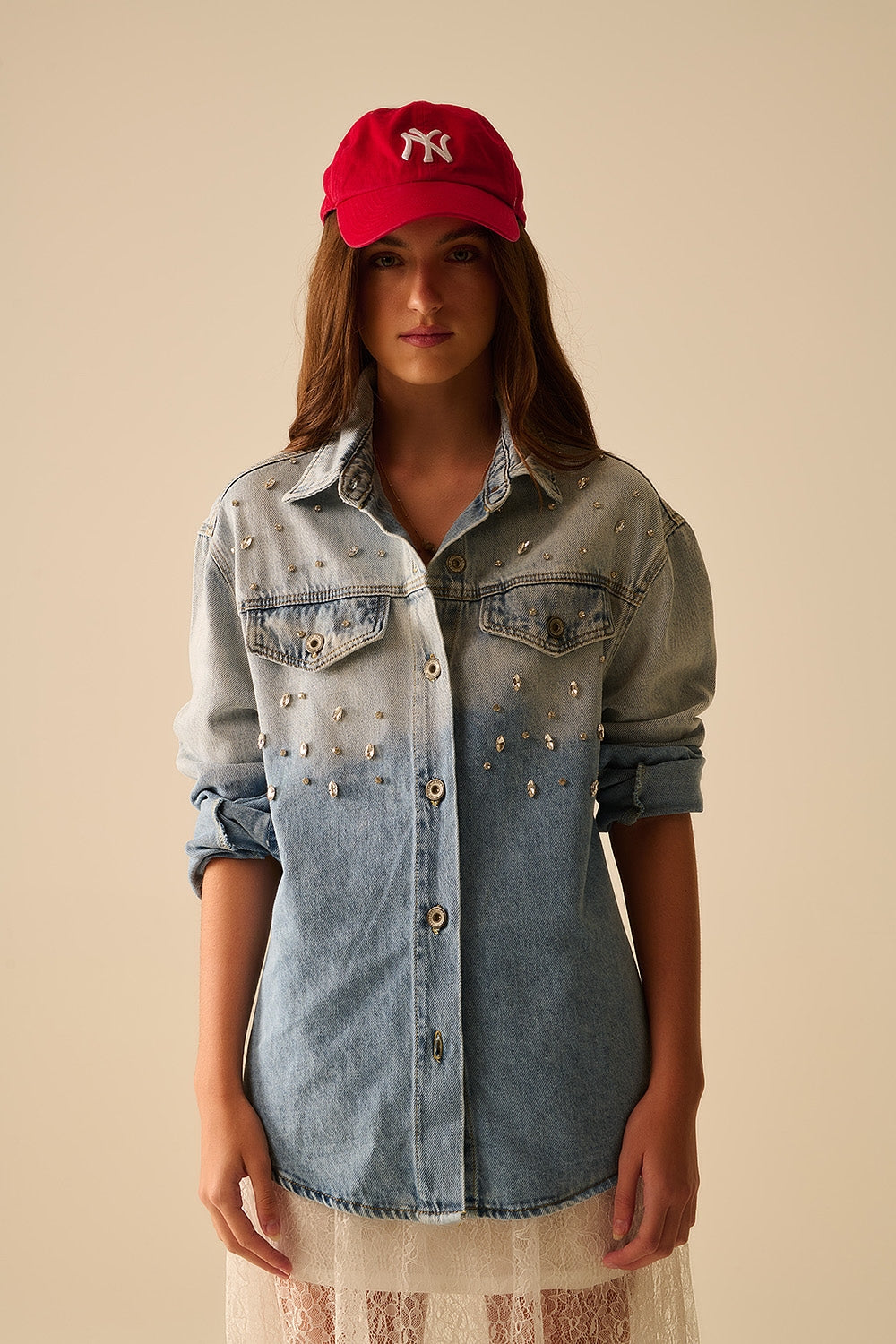 wash Denim overshirt With Chest Pockets And Embroidered strass Details - Jackets