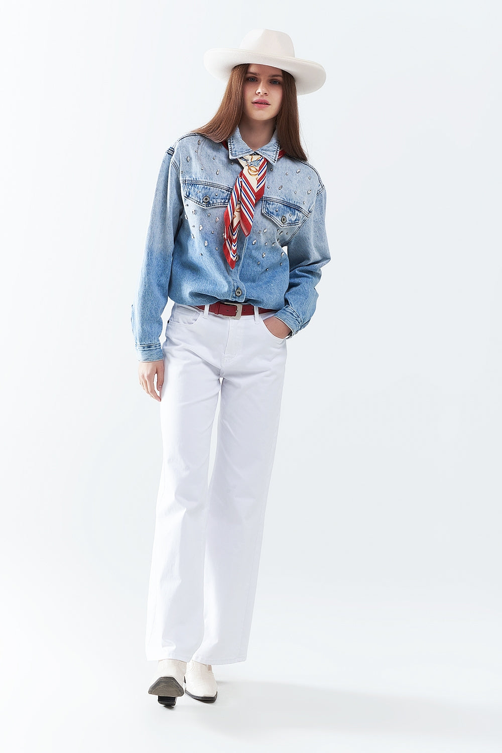 wash Denim overshirt With Chest Pockets And Embroidered strass Details - Jackets