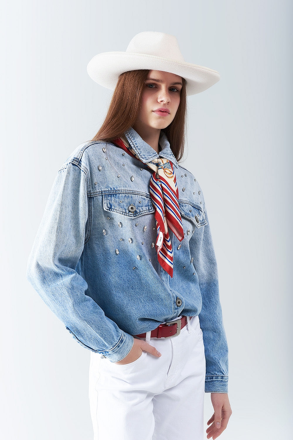 wash Denim overshirt With Chest Pockets And Embroidered strass Details - Jackets