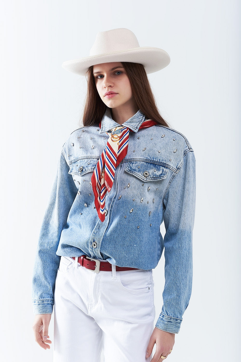 wash Denim overshirt With Chest Pockets And Embroidered strass Details - Jackets