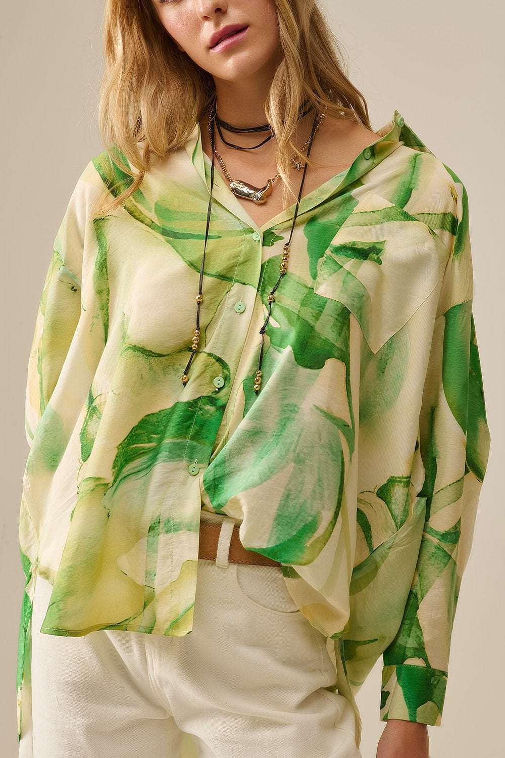 Watercolor Print Button-Down Blouse in Green - Blouses