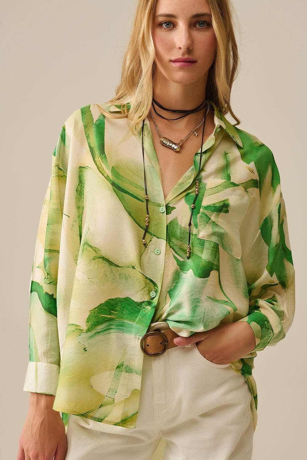 Watercolor Print Button-Down Blouse in Green - Blouses