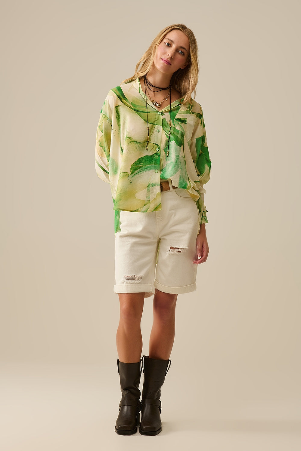 Watercolor Print Button-Down Blouse in Green - Blouses