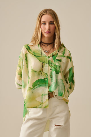 Watercolor Print Button-Down Blouse in Green