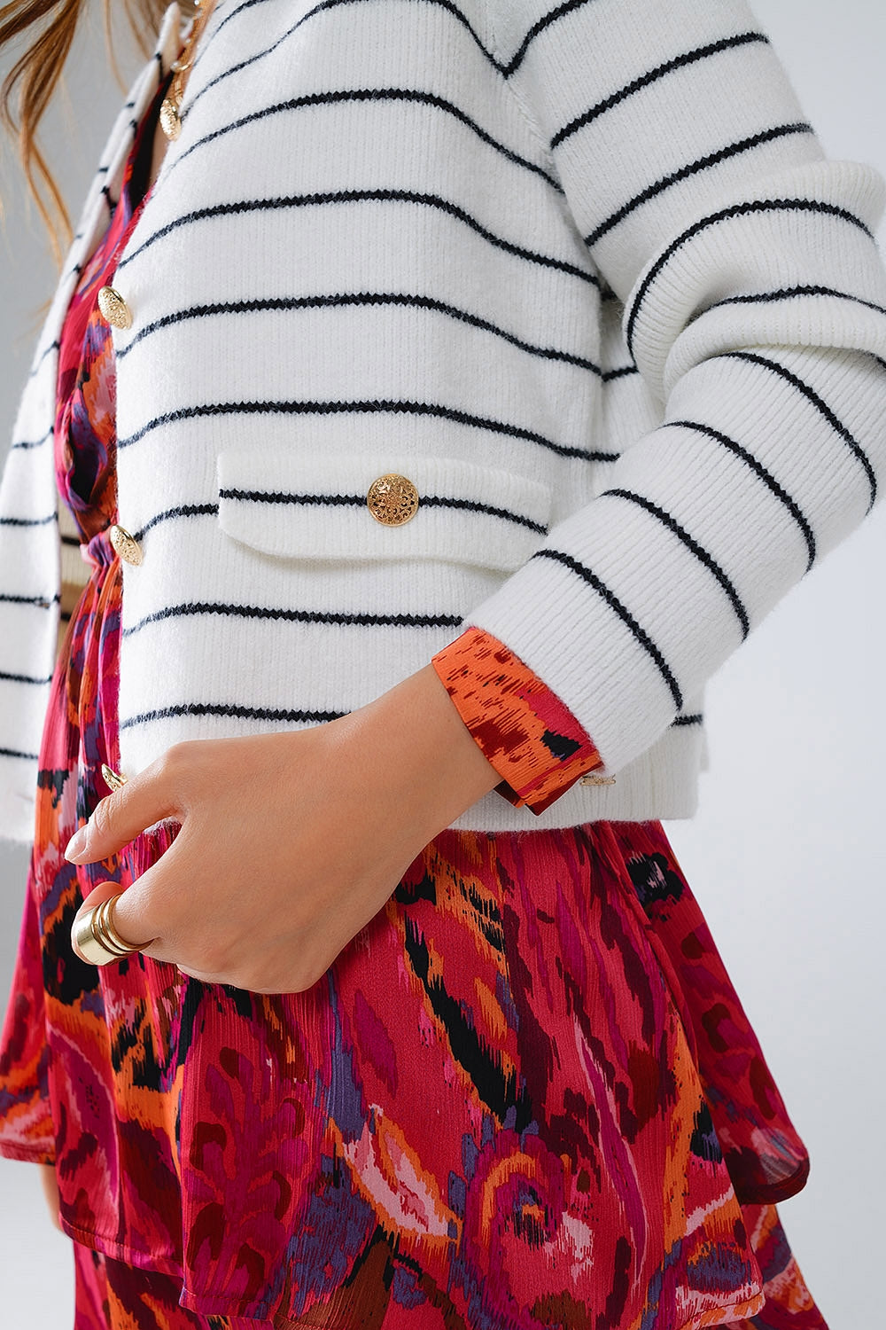 White Button Up Cardigan With Black Stripes and Golden Buttons - Cardigans
