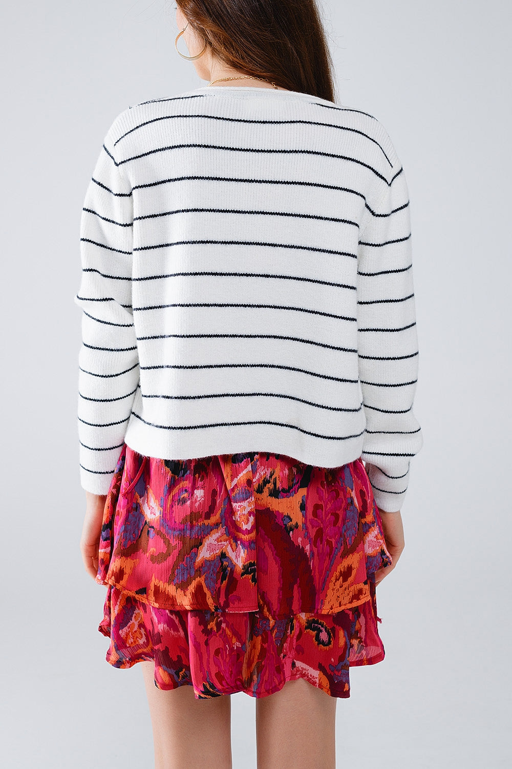 White Button Up Cardigan With Black Stripes and Golden Buttons - Cardigans