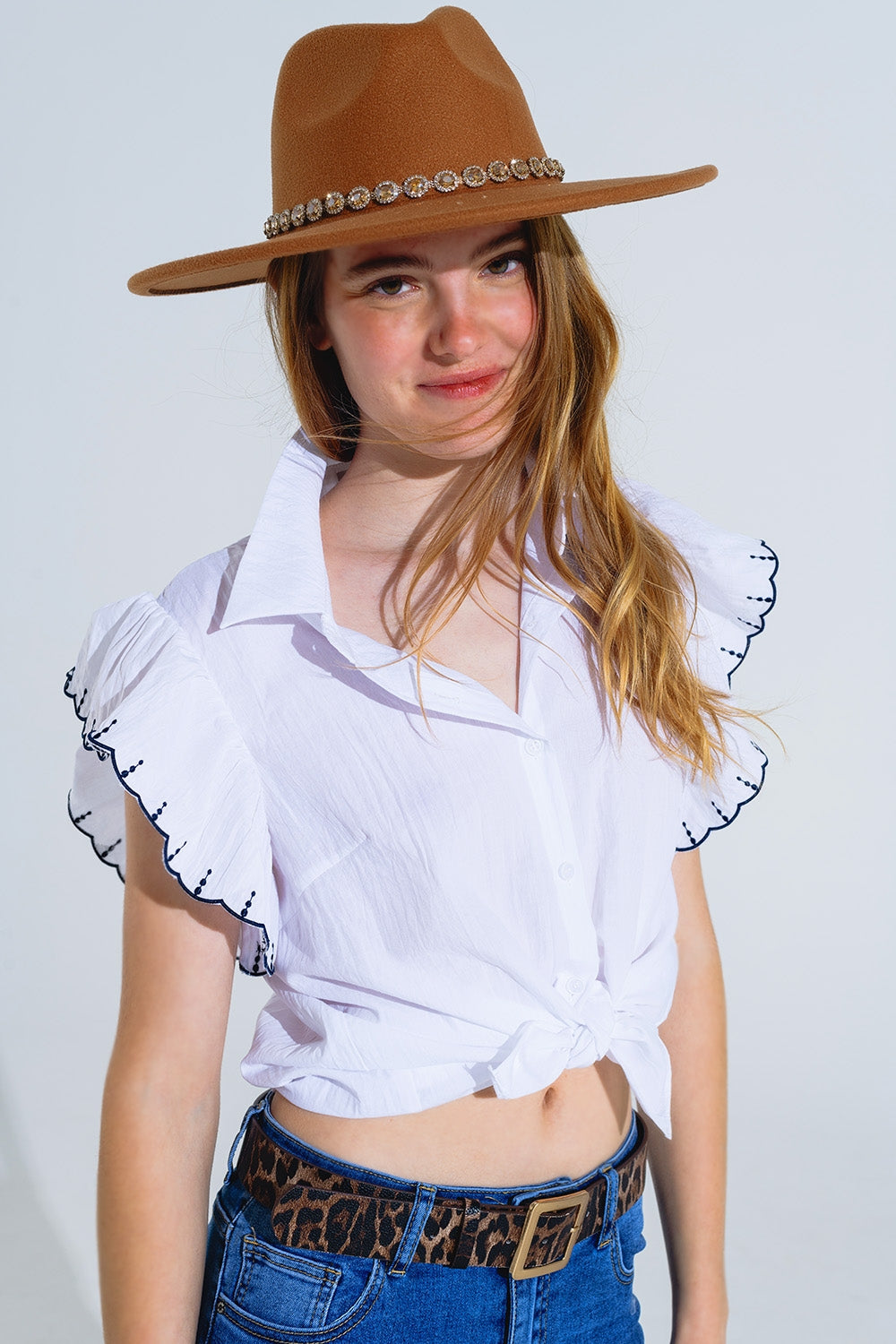 White Button Up Shirt With Polo Collar And Ruffled Sleeves With Black Trim - Shirts