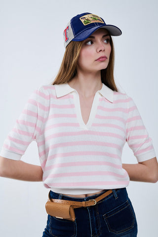 White Crop knitted polo Top with Pink Stripes