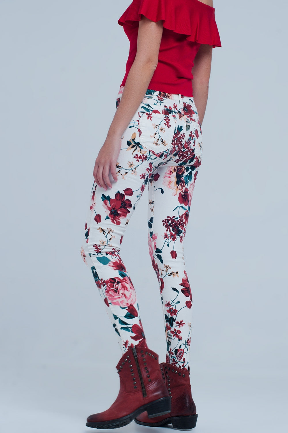White jeans with roses print - Jeans