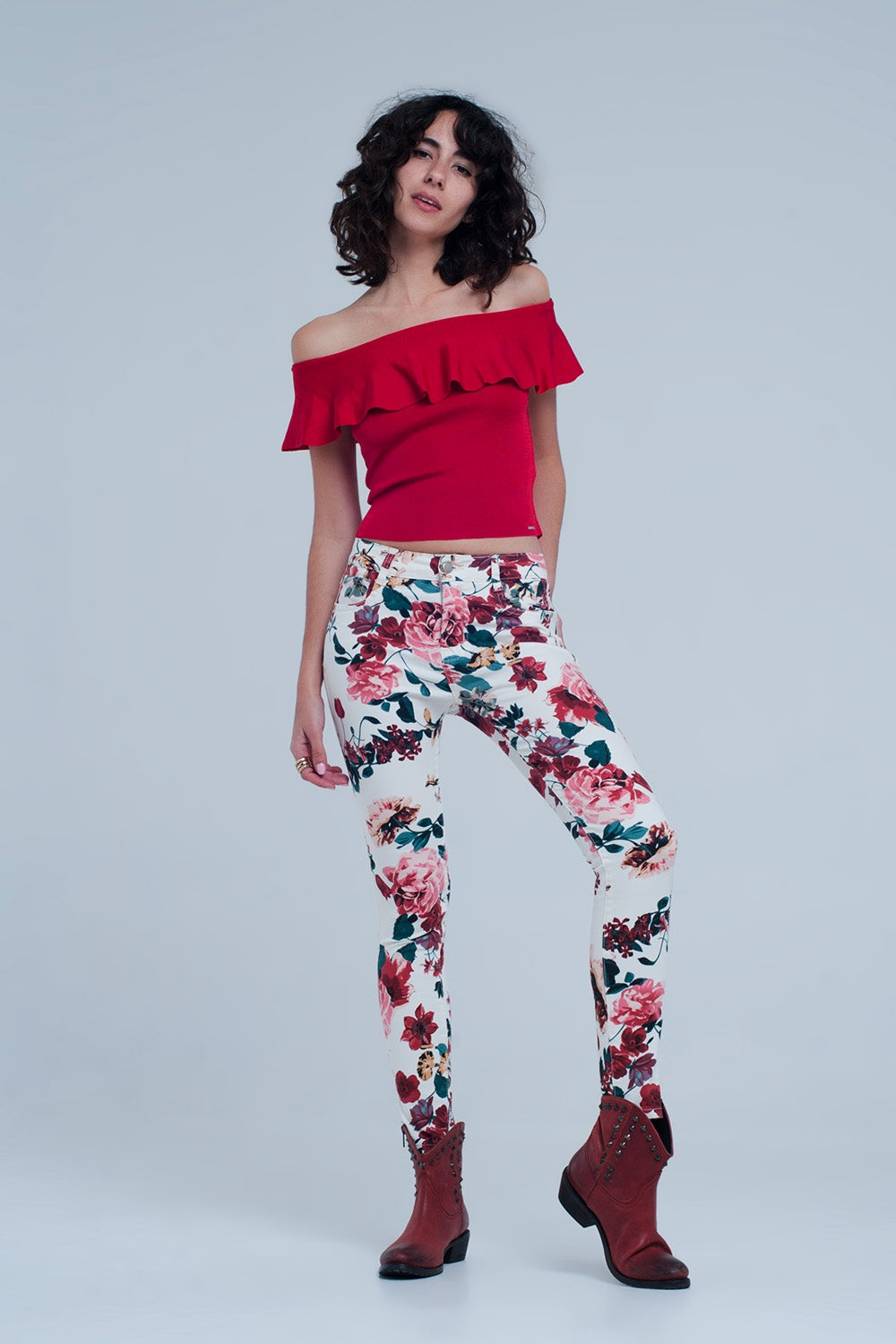 White jeans with roses print - Jeans