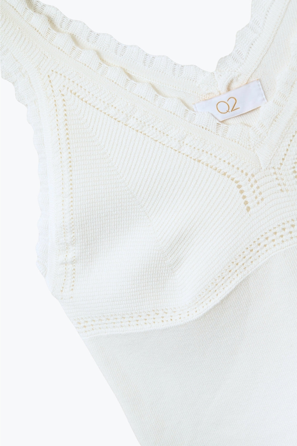 White Knit V-Neck Top with Scalloped Edges - Tops