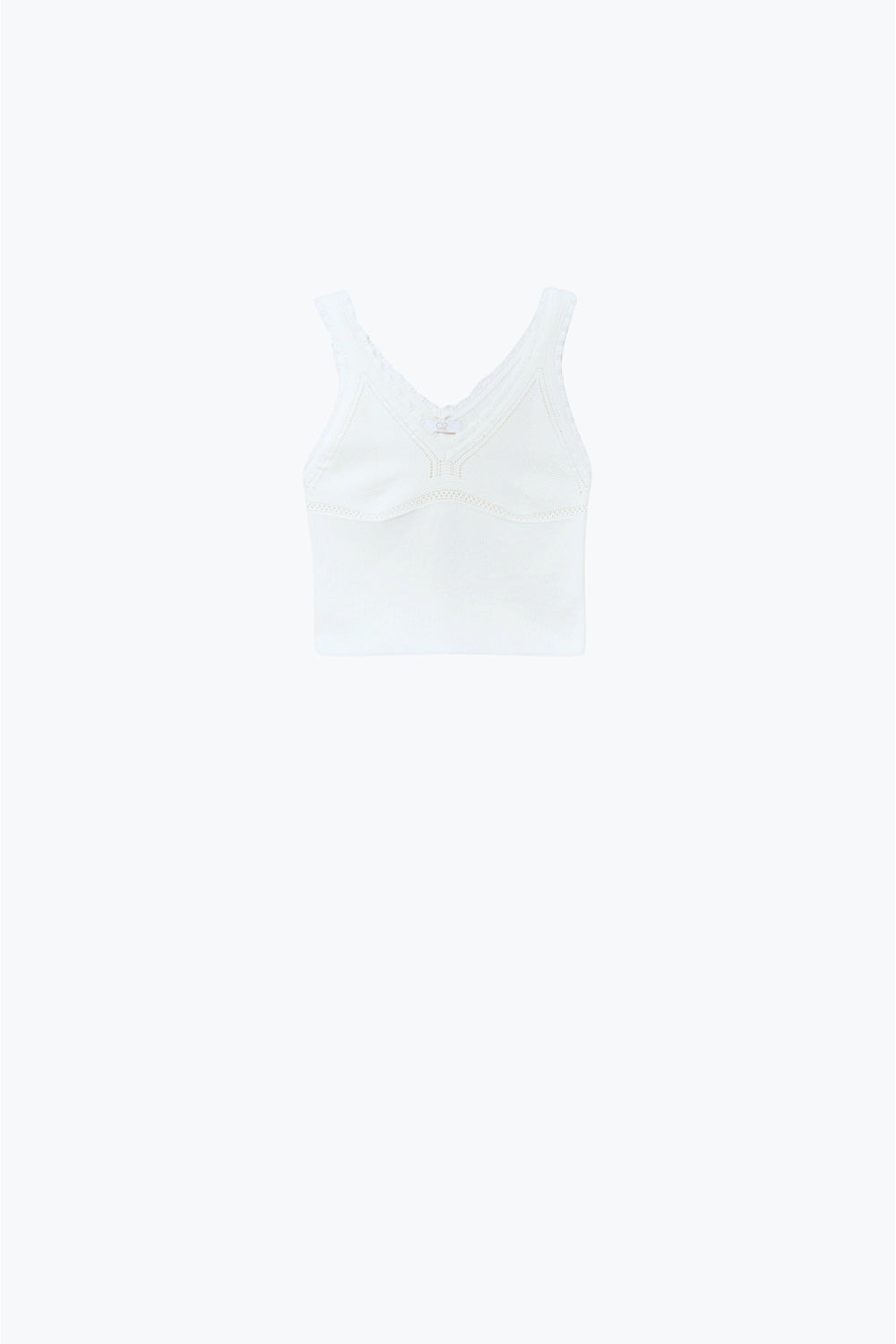 White Knit V-Neck Top with Scalloped Edges - Tops