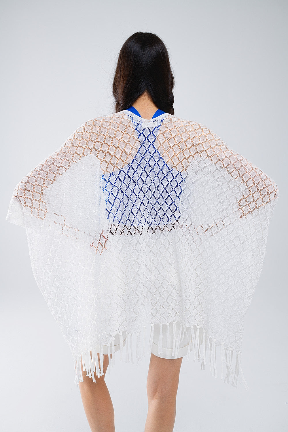 White Open Cardigan With Fringe Ends and 3/4 sleeves - Cardigans