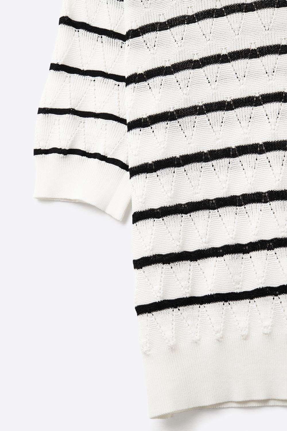 White Openwork Knit Top with Short Sleeves and Black Stripes - Jumpers