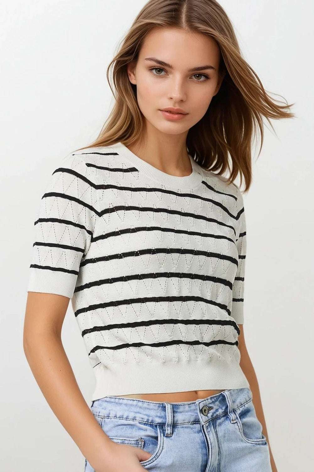 White Openwork Knit Top with Short Sleeves and Black Stripes - Jumpers