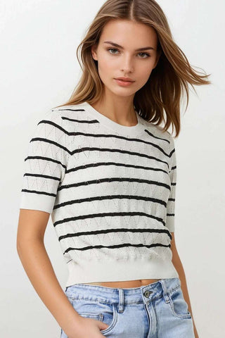 White Openwork Knit Top with Short Sleeves and Black Stripes