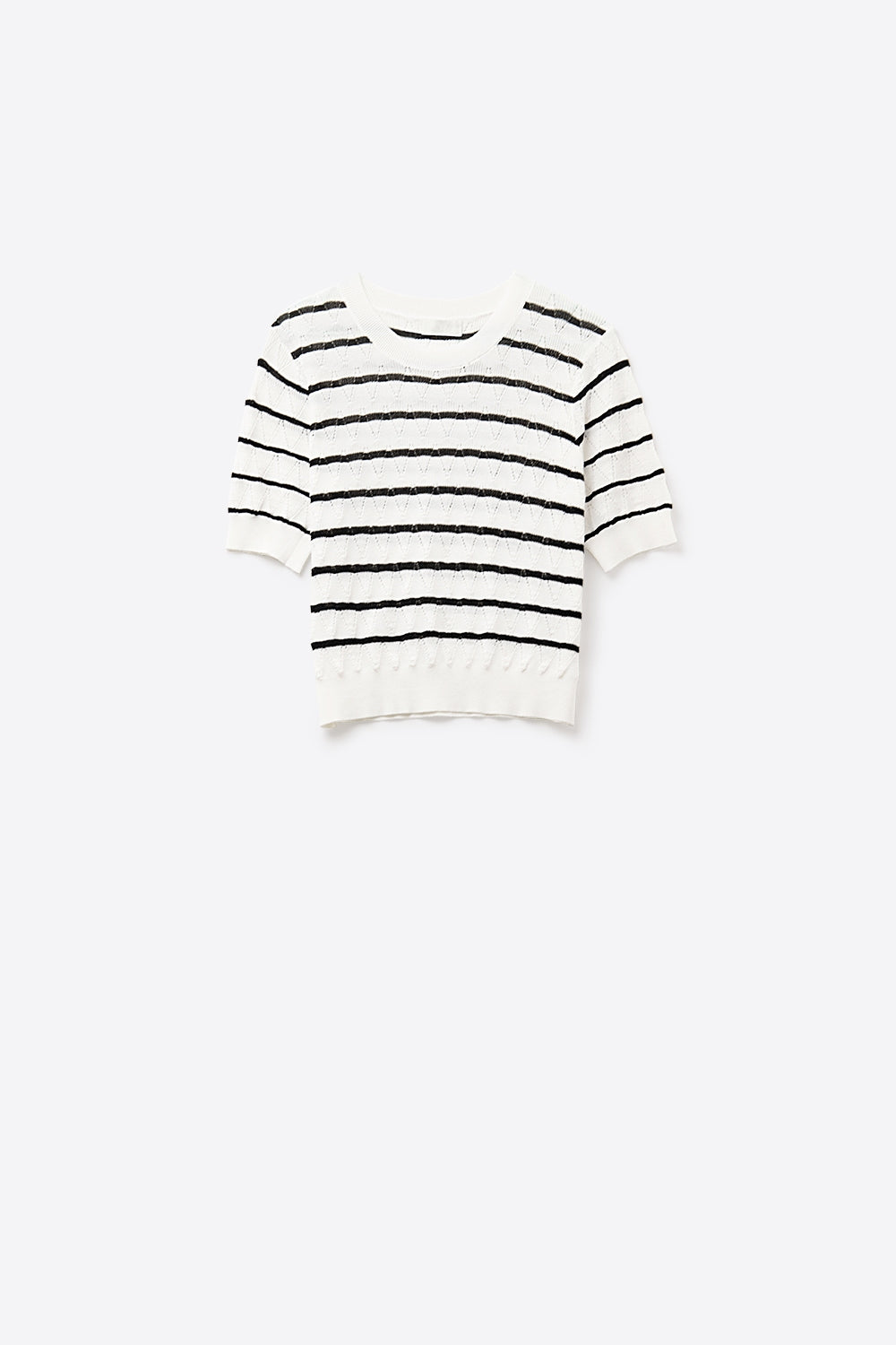 White Openwork Knit Top with Short Sleeves and Black Stripes - Jumpers