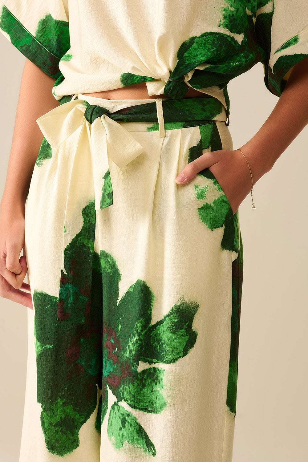 white Palazzo Pants With Green Tropial Flower Print and Matching Belt - Trousers