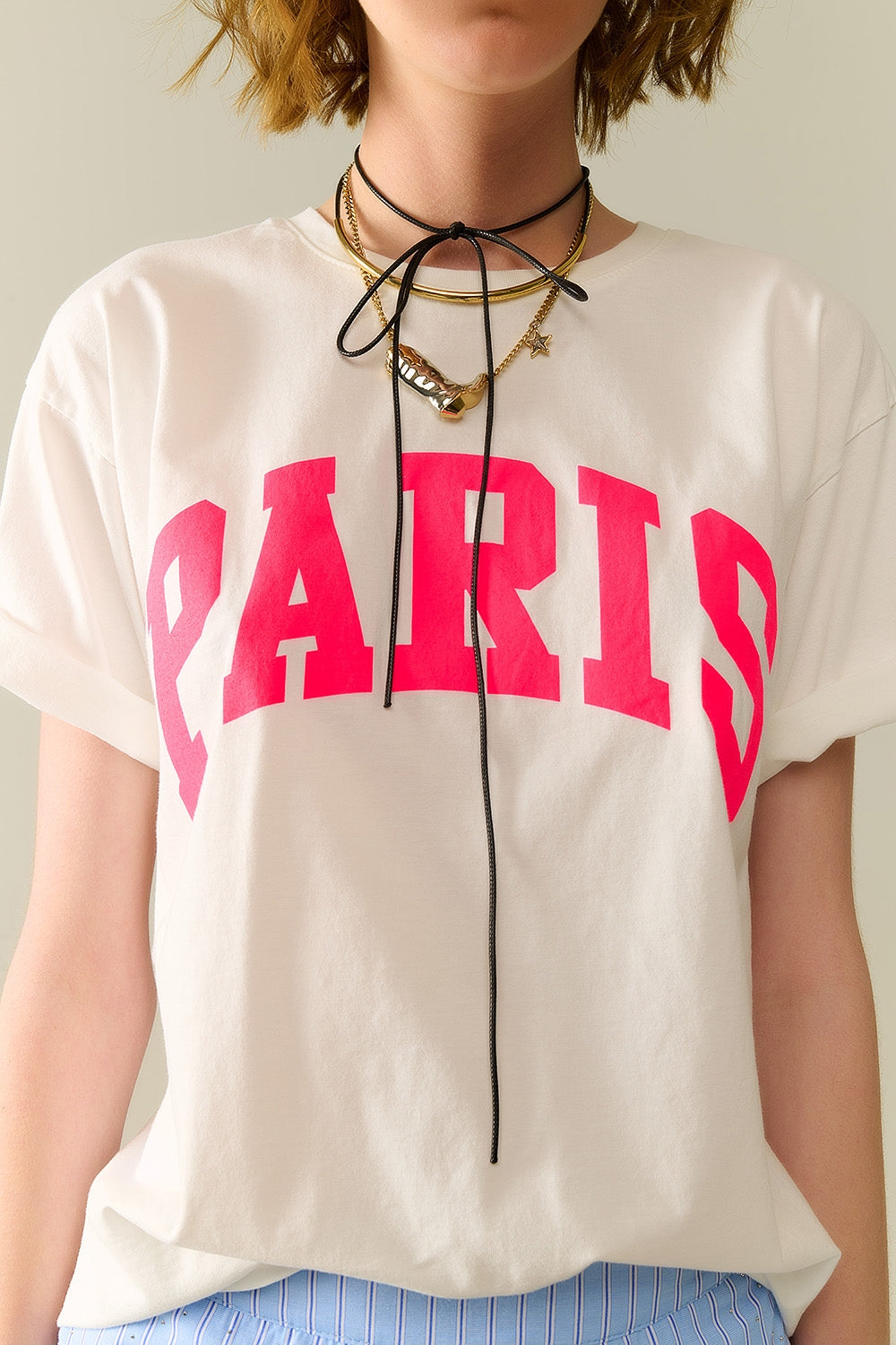 White Paris Relaxed T-shirt with Pink Letters - T-Shirts