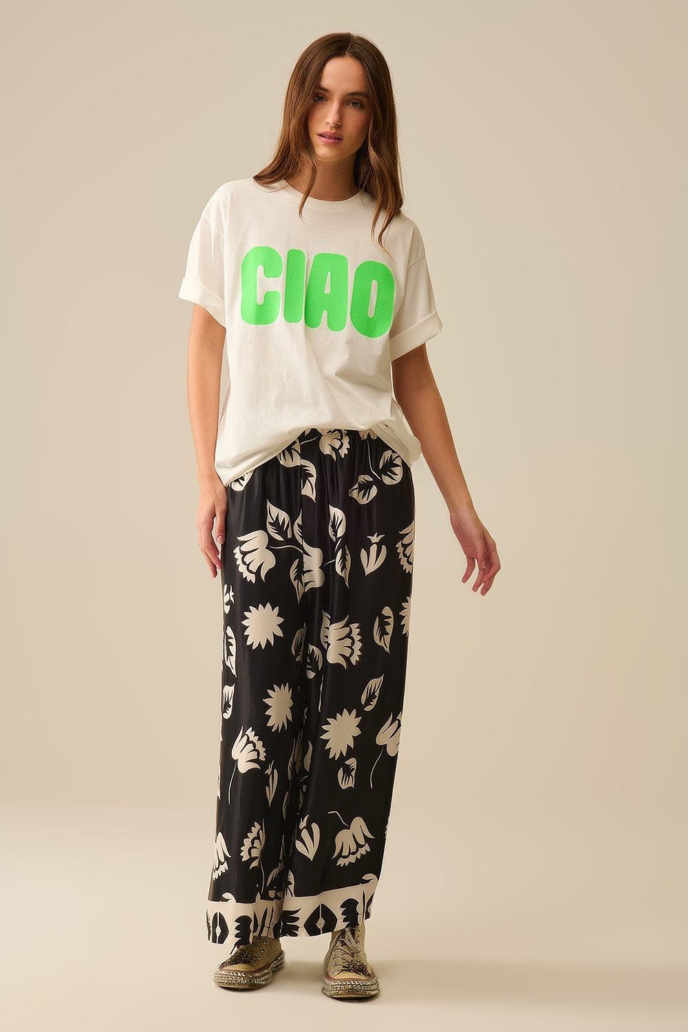 White Relaxed CIAO T-Shirt With Green Letters - T-Shirts